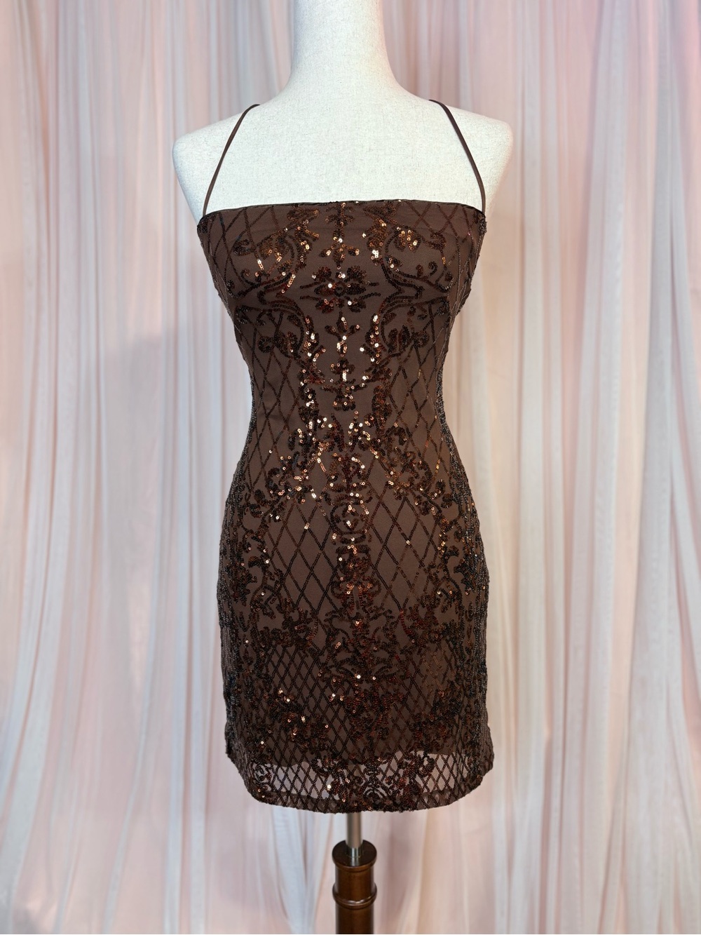 Brown Sequin Embellished Mini Lace Up Dress